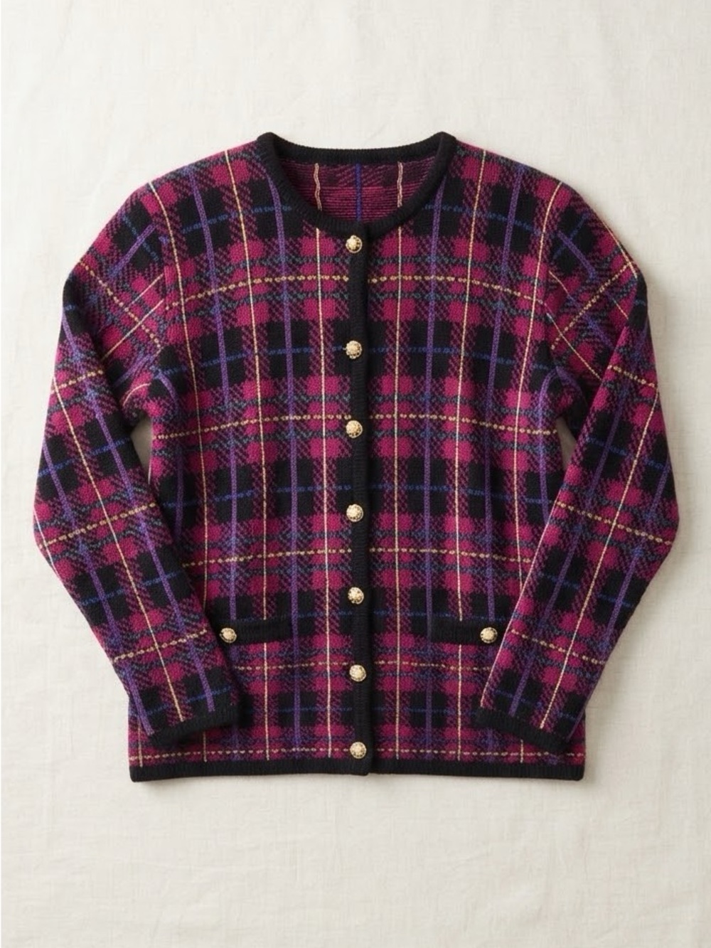Vintage 90s Plaid Cardigan Sweater Gold Buttons Size Large/XL